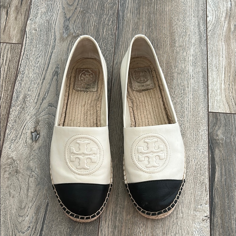 Tory Burch Cream and Black Espadrille Flats